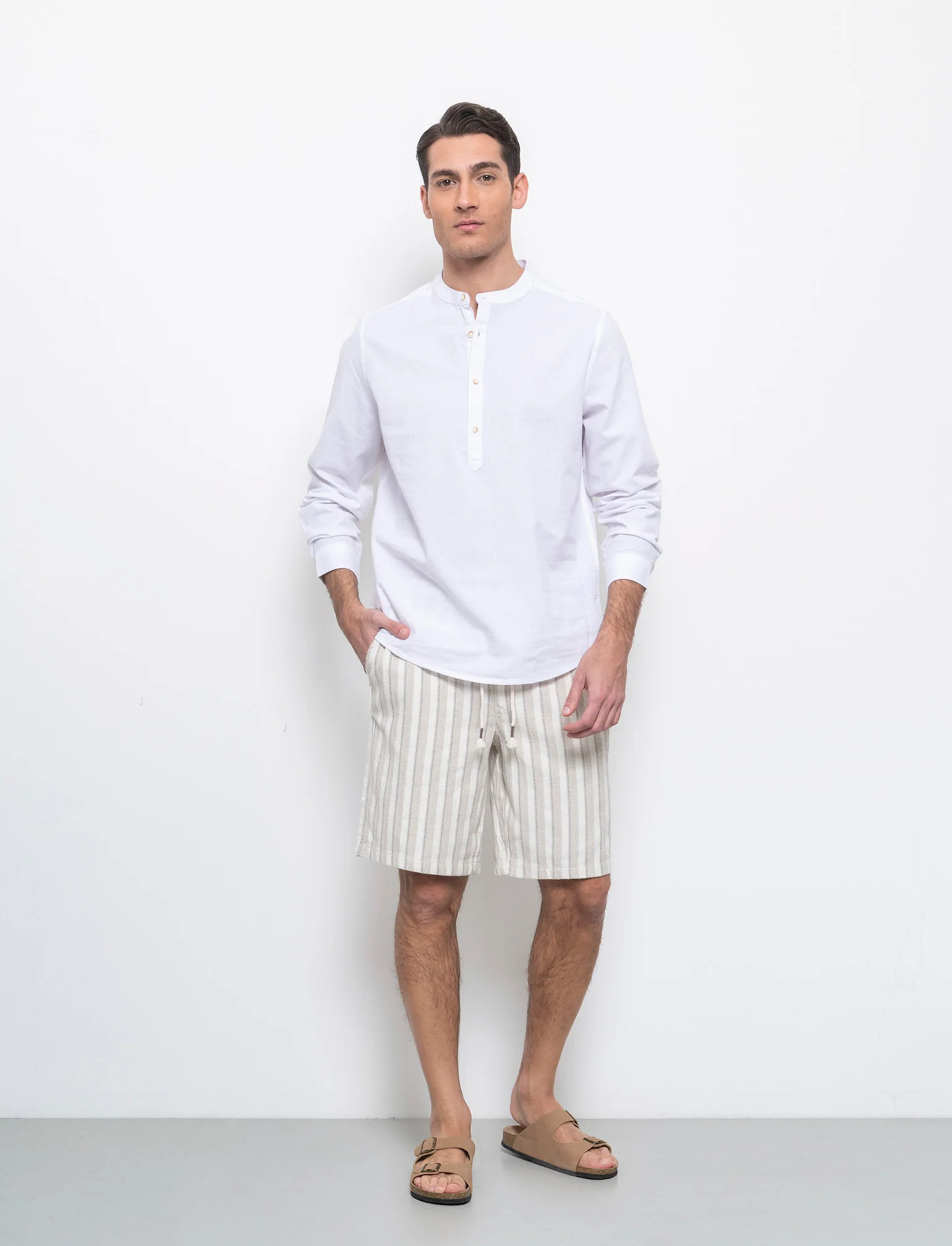Bermuda a righe effetto lino da uomo - Beige - Image 3