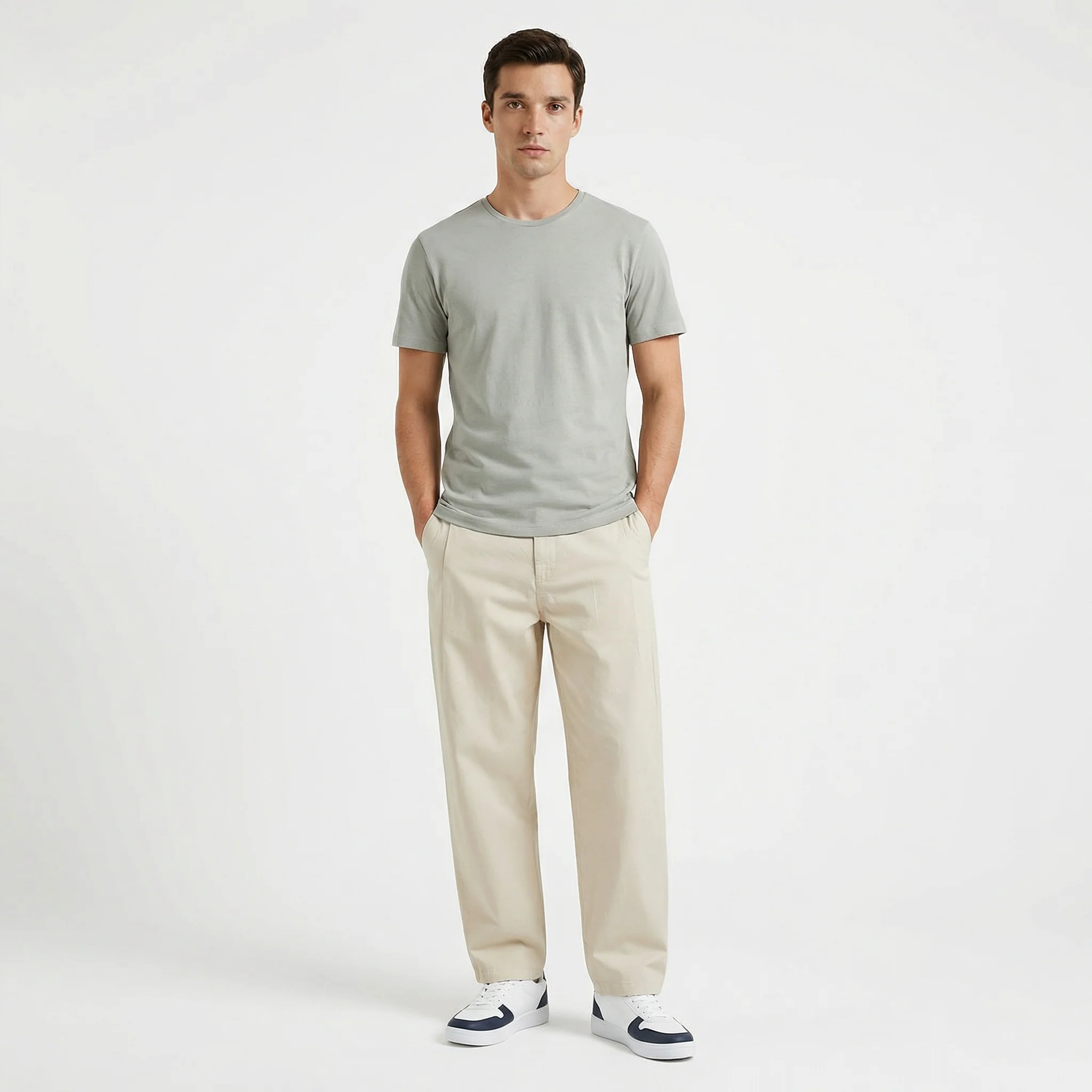 T-SHIRT BASIC IN COTONE ELASTICIZZATO SLIM FIT - Verde salvia - Image 3