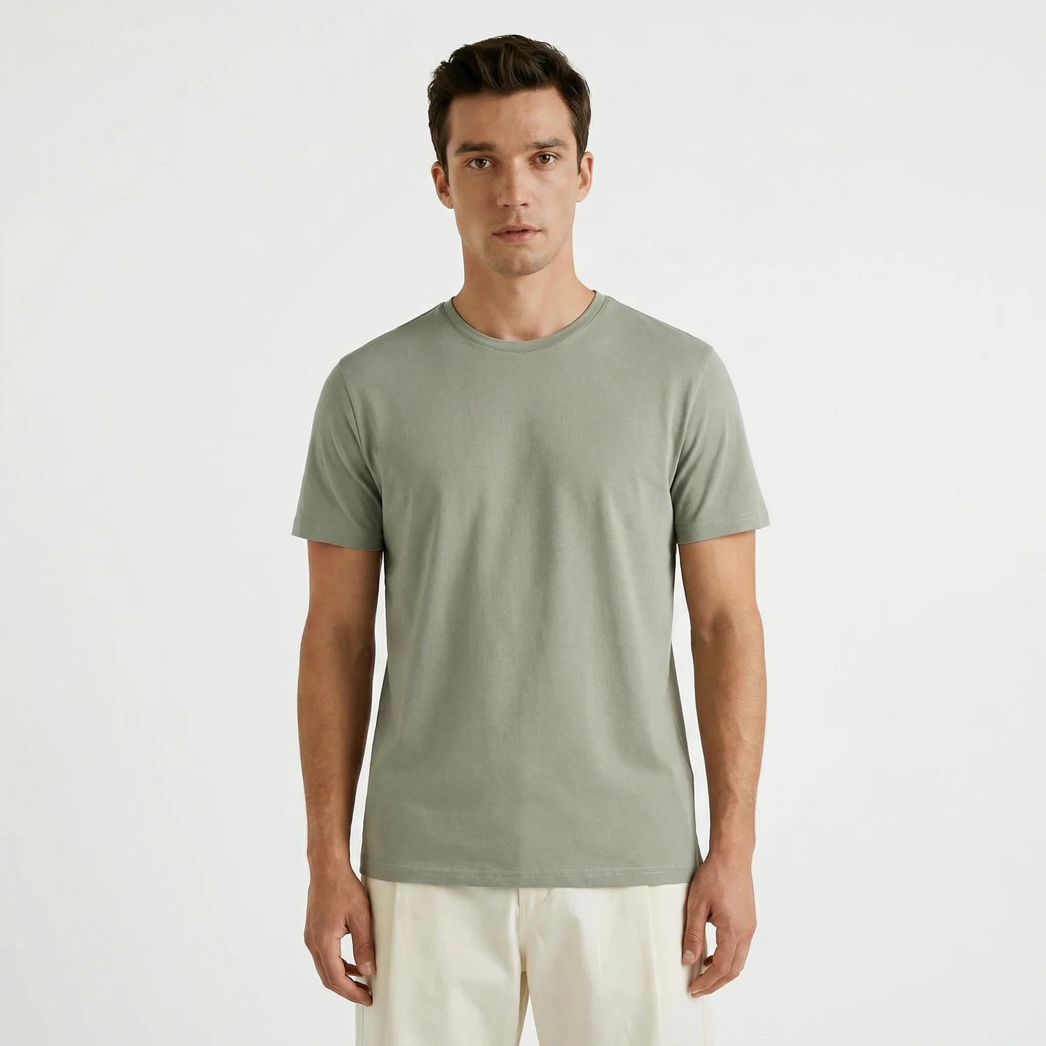 T-SHIRT BASIC IN COTONE ELASTICIZZATO SLIM FIT - Verde salvia - Image 4